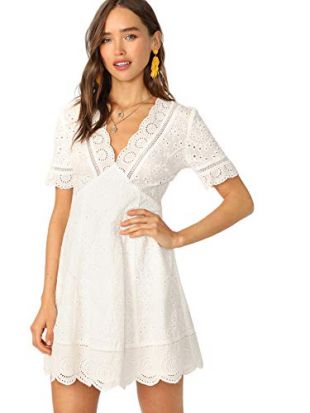 Romwe Women's Elegant Plunging V Neck Eyelet Scallop A-line Dress White XS