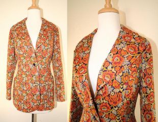 70's Orange Tapestry Floral Print Fitted Blazer Jacket Retro Kitsch Sz Medium