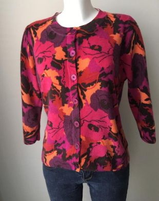 Talbots Cashmere Sweater Floral Button up cardigan 3/4 manches Coral Fuschia Modern 90's pull vintage size XL