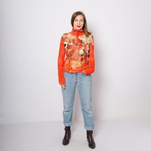Y2K KENZO Orange Applique Wool Cardigan, Zip Up Floral Embroidered Cardigan, Mockneck Taille moyenne