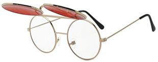 Round Colored Flip-Up Django Inspired Clear lens Sunglasses (Gold/Red Lens, 53)