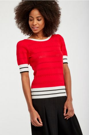 Pull maille froide détail pointelle et rib rayures lipstick -