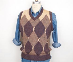 1980s Argyle Wool Sweater Vest / vintage McGregor gris - beige brun preppy motif lierre ligue V-cou / hommes moyen-grand