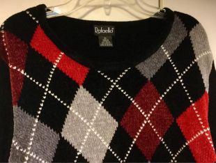Femme Argyle Sweater Pullover NWT Red Black Velour Plaid Diamond Check Print V Neck "Rafaella" Preppy English Country Size XL vintage