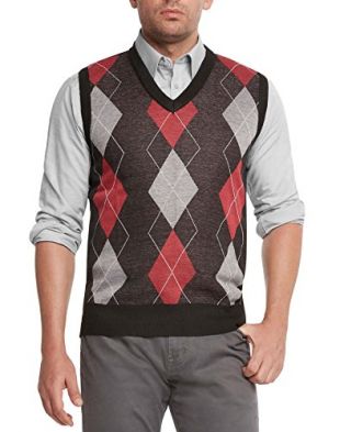 Argyle V-Neck Sweater Vest-Black/Red/Gray-Large