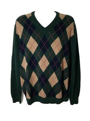 Green Plaid Argyle V-Neck Cotton Sweater Pullover