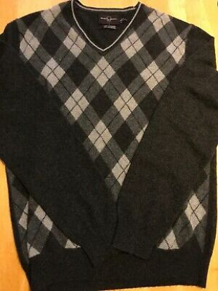 Mens Black Brown 1826 Cashmere Sweater Soft V Neck Gray Plaid 100% Cashmere