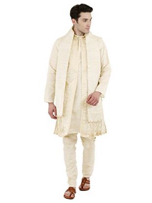 Dress Embroidered Kurta Pajama Jacket,and Scarf for Summer Wedding Party Set (Large, White)