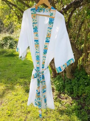 Ethnique vintage White Cotton Kimono Dressing Robe Robe Petit Royaume-Uni 8-10-12