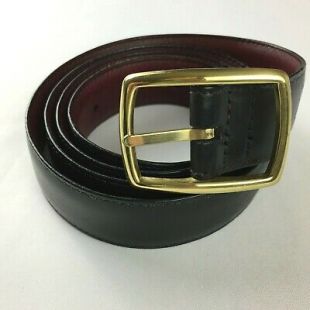 Vintage Black Leather Dress Belt Gold Tone Brass Buckle Men's