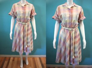 80's Dress 80's Pastel Plaid Shirtwaist Day Dress