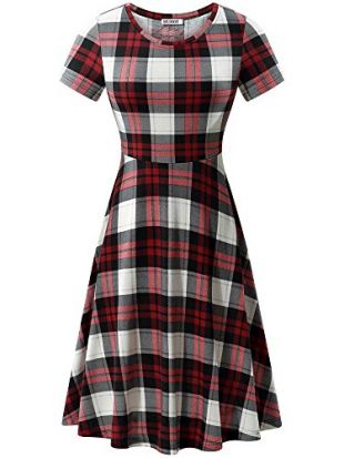 Cute Dresses, Short Sleeves Plaid Casual A Line Shirt-Dress Red and White