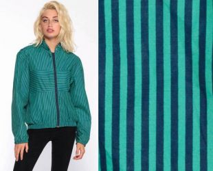 Hipster petit Vintage de sport rayé Jantzen coupe-vent veste 80 s veste Puff manches Veste vert bleu léger des années 70
