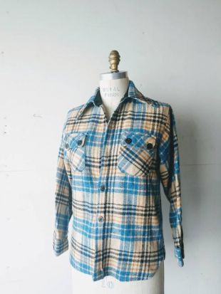 Vintage 70 's laine chemise garçons 18/20 adulte S/M bleu plaid ancre boutons gros col