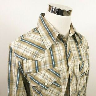 True Religion Western Pearl Snap Shirt Beige Blue Plaid 100% Cotton