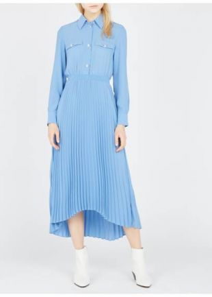 ROBE MIDI COL CLASSIQUE PLISSÉE BLEU CLAIR