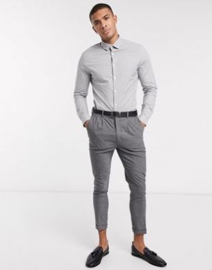 slim fit work shirt in gray & white micro check