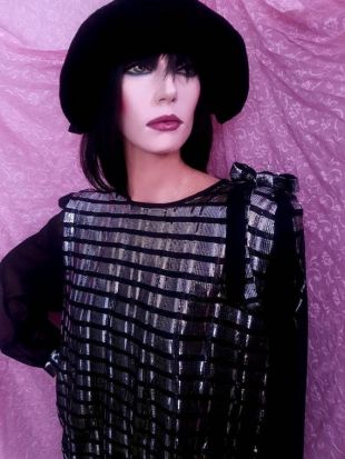 80s Yves Venet Silver Metallic - Black Sheer Asymetrical Long Sleeve Shift Dress