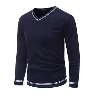 Casual Kintted Long Sleeve V Neck Fine Sweater Jumper Teens Fashion Slim Fit Stripes Pullover Tops Navy Blue