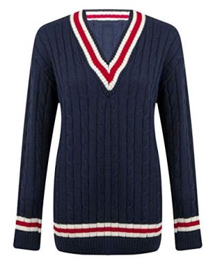 Womens V Neck Cricket Knitted Jumper Top Ladies Long Sleeves Casual Wear Sweater#(Navy V Neck Cricket Knitted Jumper#US 14-16#Womens)