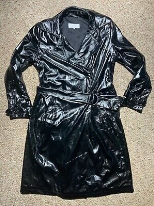 Medium Calvin Klein Black Belted Shiny Sparkly Trench Coat Coated