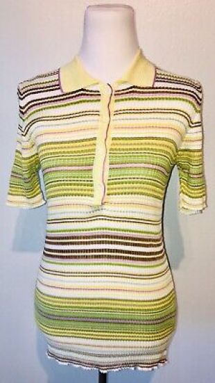 Ribbed Fine Knit Henley Polo Tunic Top Green Yellow Lilac
