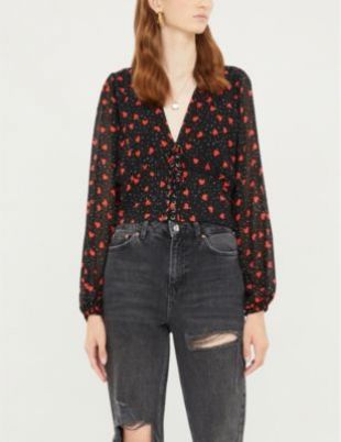 Lace-up front heart-print crepe top