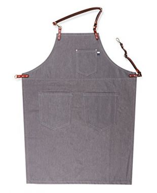 Genuine Leather Strap Apron With Utility Pockets Men Women Grey Denim Apron for Woodworkers Tattoo Hairdresser Butchers