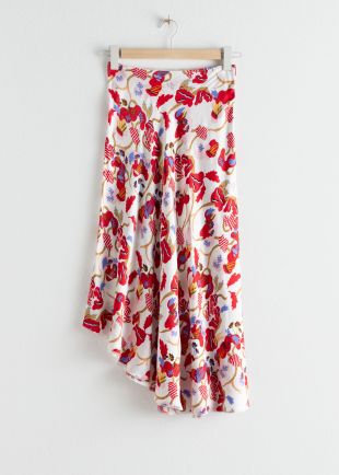 Asymmetrical Satin Midi Skirt Floral