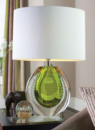 Lime green glass teardrop table lamp with beige drum shade