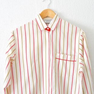 vintage 80s Striped Button Down Blouse (fr) Chemise rouge et blanc rayée de secrétaire RUSS STUDIO
