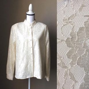 vintage Willow Ridge,1980s Ivory Lace Blouse,1990s Lacey Blouse,1980s Off White Blouse,1990s Blouse with Lace,1980s Band Collar Blouse