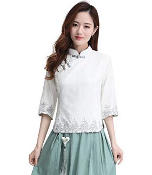3/4 Sleeve Women's Chinese Top Linen Blouse Qipao Shirt L 03