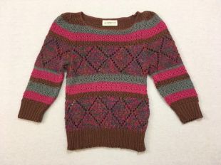 années 1980, manches trois-quart, diamant tricot, pull en coton, à rayures verts marrons, roses, violet et étain, petite taille pour femmes