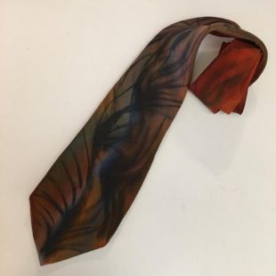 1940s Wide Hand Painted Necktie, Abstract Swirls in Deep, Mysterious Shades of Browns, Rust, Hints of Deep Blue