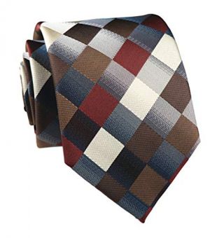Men's Classic Checks Dark Blue Grey Jacquard Woven Silk Tie Necktie (One Size, Brown)