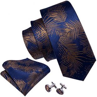 Navy Brown Ties Flower Wedding Business Necktie Set Silk