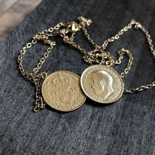 Double Silver Threepence Necklace - Pendentif Lucky Three pence Coin - Gold Vermeil or Sterling Silver - Mens Women Layering chain
