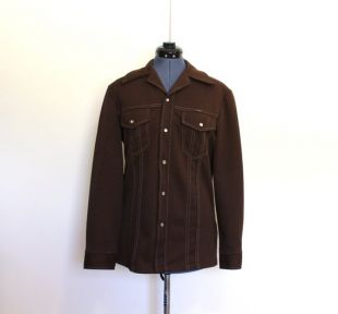 vintage 70's Dark Brown Polyester Cowboy Shirt Jacket Western Shirt Jacket