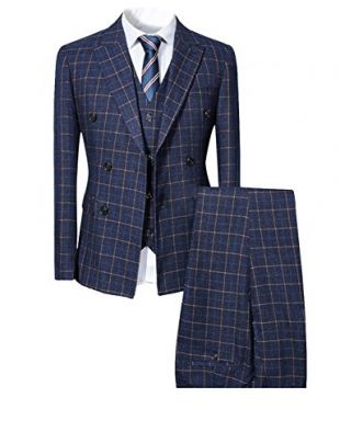 Blue Slim Fit 3 Piece Checked Suits Double Breasted Vintage Fashion,Navy,Large