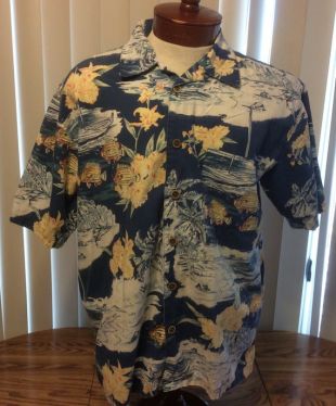 OP Sport Mens Large Blue Tropical Fish Hawaiian Camp Shirt Cotton