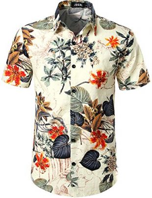 Men's Flower Casual Button Down Short Sleeve Hawaiian Shirt Large White