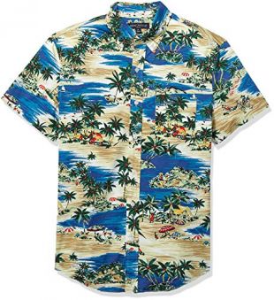 Mercantile Men's Slim-Fit Short Sleeve Stretch Tropical Printed Shirt, Sailing Lagoon Blue Multi, XL
