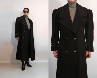 Manteau de laine à manches soufflées / Vintage 1980 Double Breasted Maxi Coat w/ Huge Collar / 80s Victorian Inspired Black Puff Sleeve Wool Maxi Coat