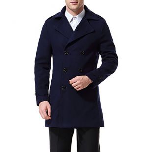 Men's Double Breasted Overcoat Pea Coat Classic Wool Blend Winter Coat Navy Blue