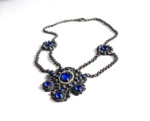 Antique victorian Edwardian Deco Pearl and Blue Festoon Bib Chain Pendant Necklace - Circa 1920s