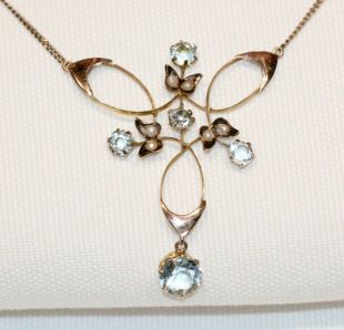 Antique 15ct Rose Gold Edwardian Blue Paste and Seed Pearl Necklace