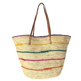 Cielo Striped Crocheted Raffia Straw Carryall Tote Bag, Natural/Multi