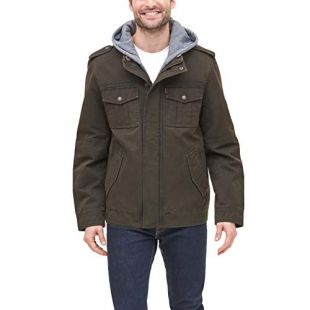Washed Cotton Military Jacket with Removable Hood (Regular and Big & Tall), Dark Brown