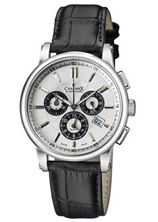 Charmex of Switzerland Kyalami Luxury Men’s Watch | 41mm Swiss Made Alarm Chronograph | Black Genuine Leather Strap | Water Resistant | Silver-plated Stainless Steel Case 2065